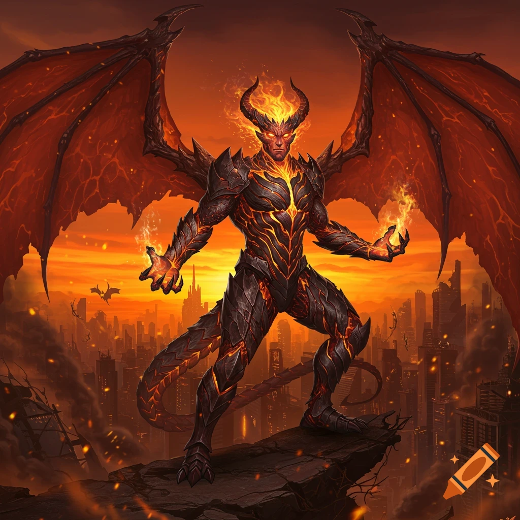A horned, winged, fire-elemental supervillain in dark armor stands on a rock over a ruined city. Highly detailed fantasy illustration.