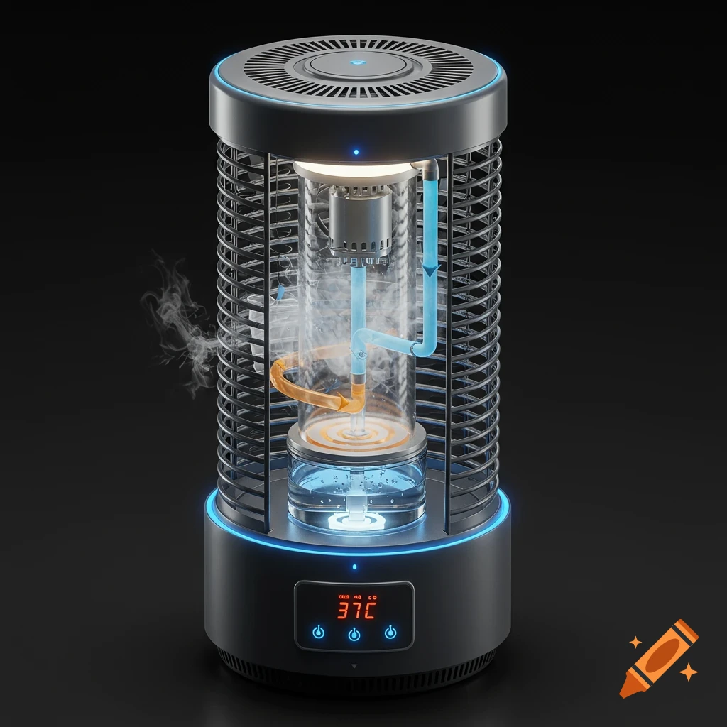 Futuristic cylindrical mosquito trap with internal clear components, blue and orange tubes, steam, and a digital display showing 37°C.
