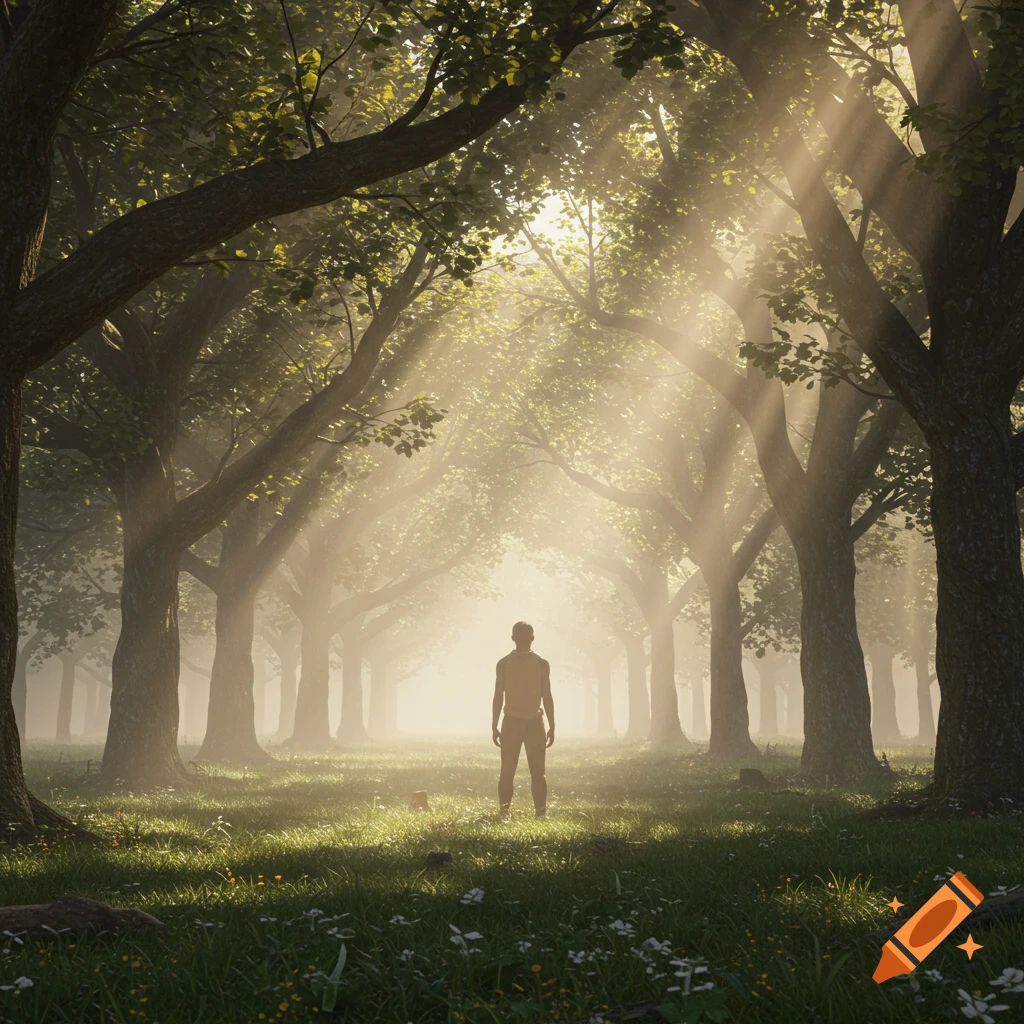 A person stands silhouetted in a sunlit, misty forest with rays of light streaming through the trees.