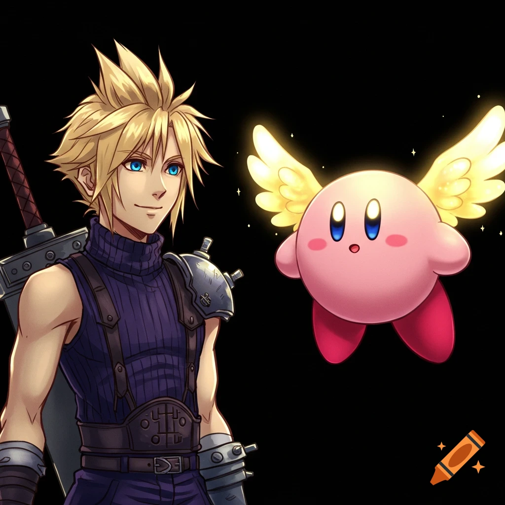 Cloud Strife smiles at a winged Kirby against a black background in an anime art style.
