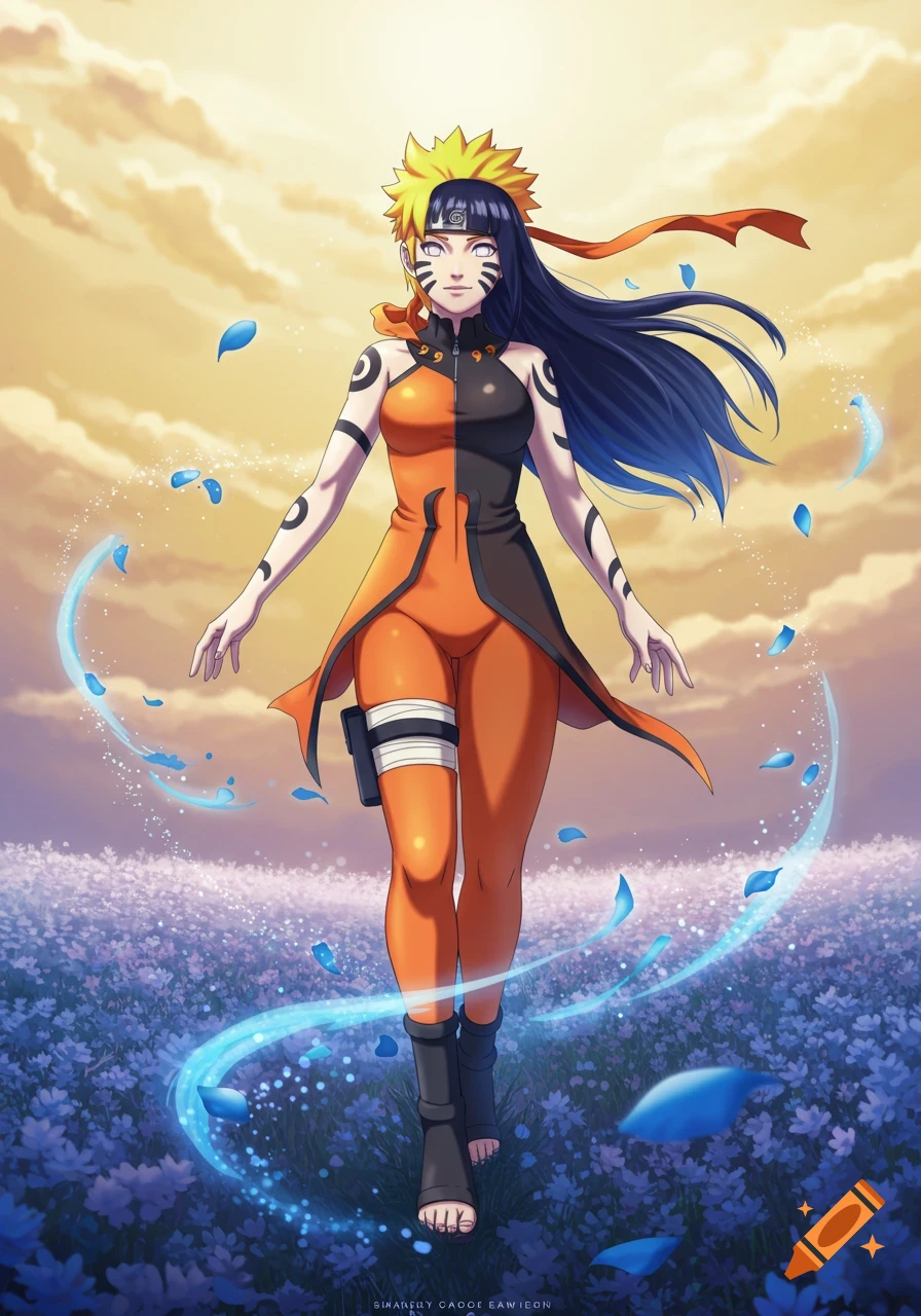 Anime character fused from Naruto and Hinata, walking through a field of purple flowers with blue petals swirling, under an orange cloudy sky.