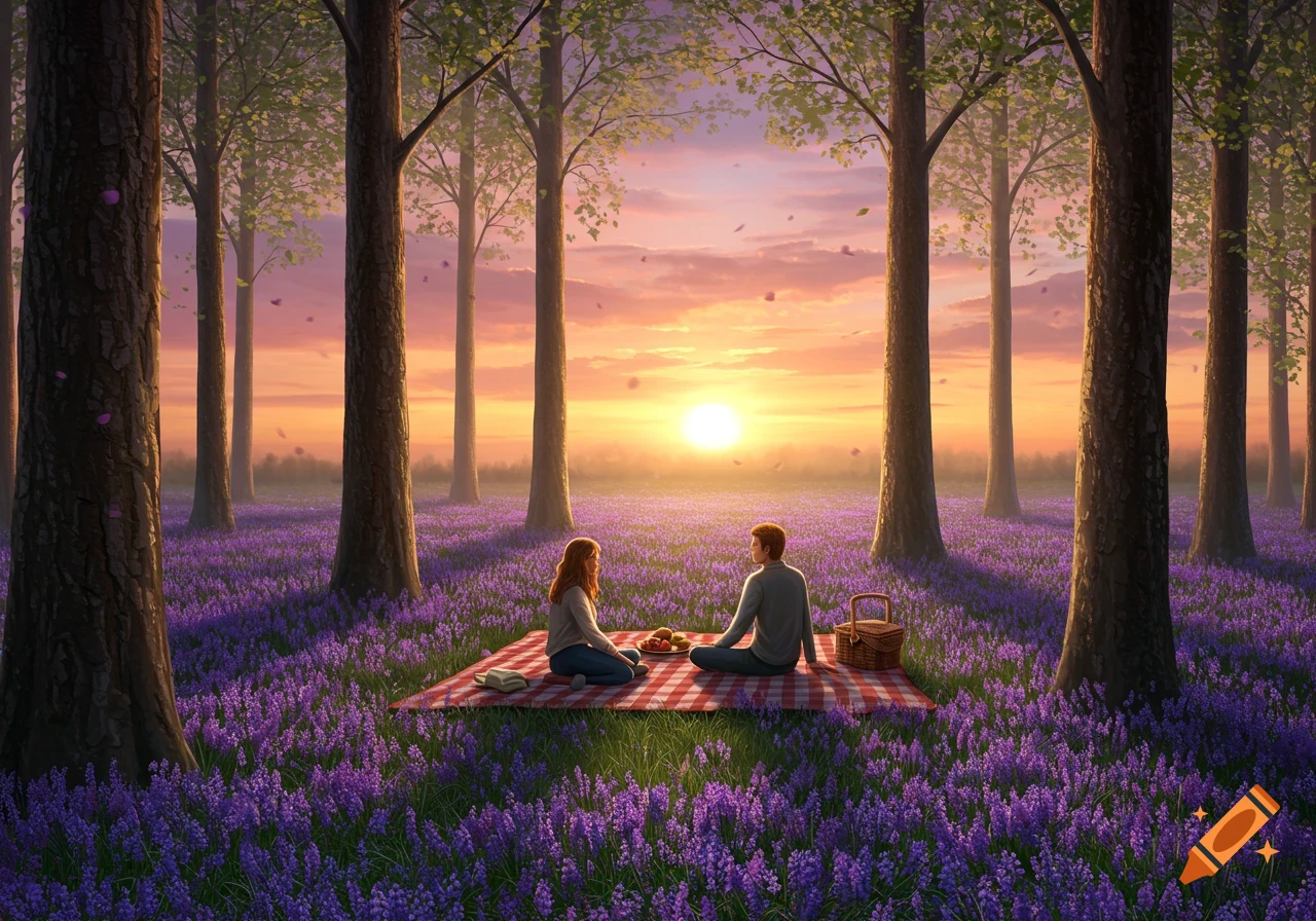 An illustrated romantic scene of a couple on a picnic blanket in a field of purple flowers and tall trees at sunset.