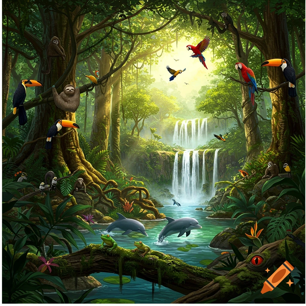 A vibrant rainforest with waterfalls, toucans, macaws, monkeys, a sloth, dolphins, frogs, and mysterious glowing red eyes in a log.