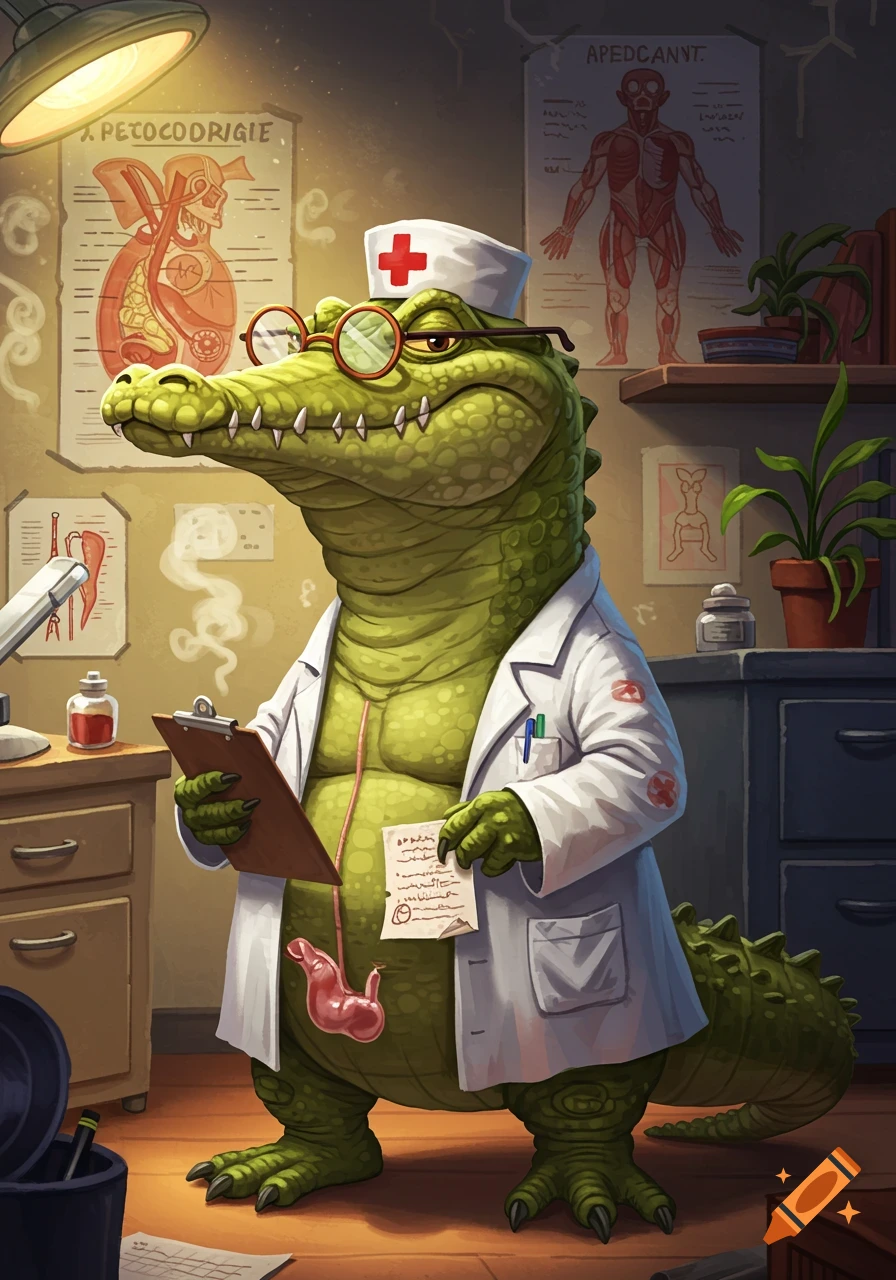A grumpy, cartoon crocodile doctor wearing glasses and a lab coat holds a clipboard and medical chart in an office.