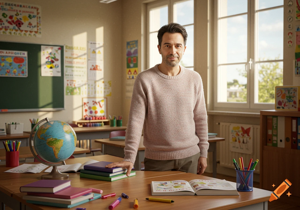A photorealistic image of a male teacher standing in a classroom with a globe and books on a wooden desk.