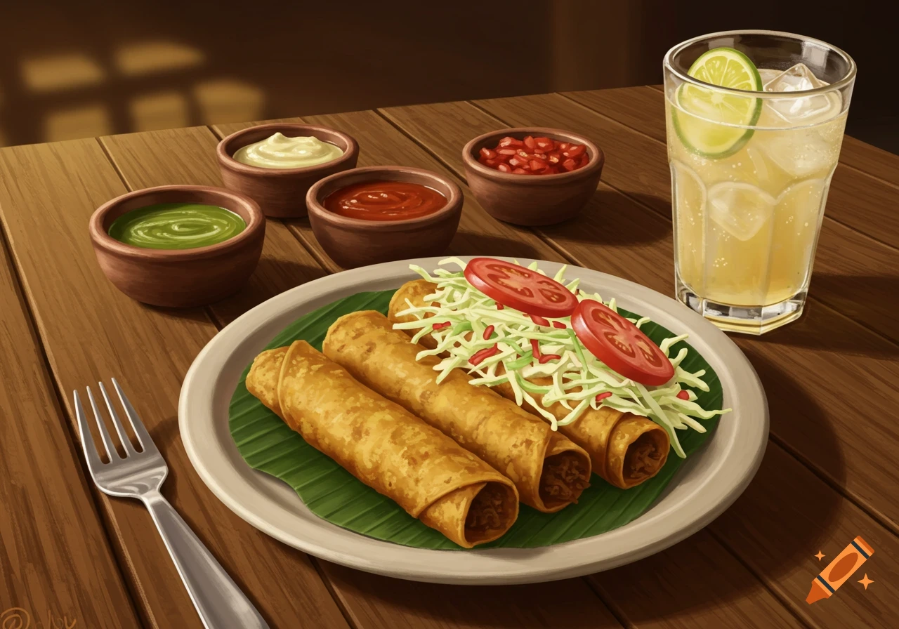 Illustrative depiction of golden tacos flautas topped with shredded cabbage and tomato slices, with several dipping sauces and a lime drink on a wooden table.