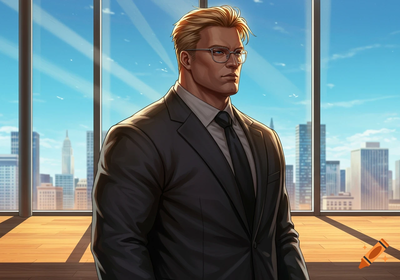 A muscular man with blond hair and glasses in a dark suit stands looking right, by a large window overlooking a sunny city skyline in an anime style.