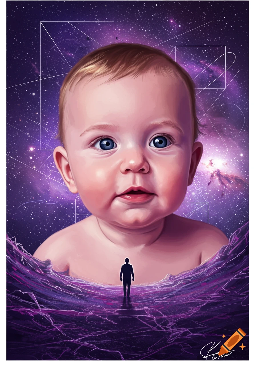 Illustration of a baby against a vibrant purple cosmic landscape with a silhouetted man walking away.