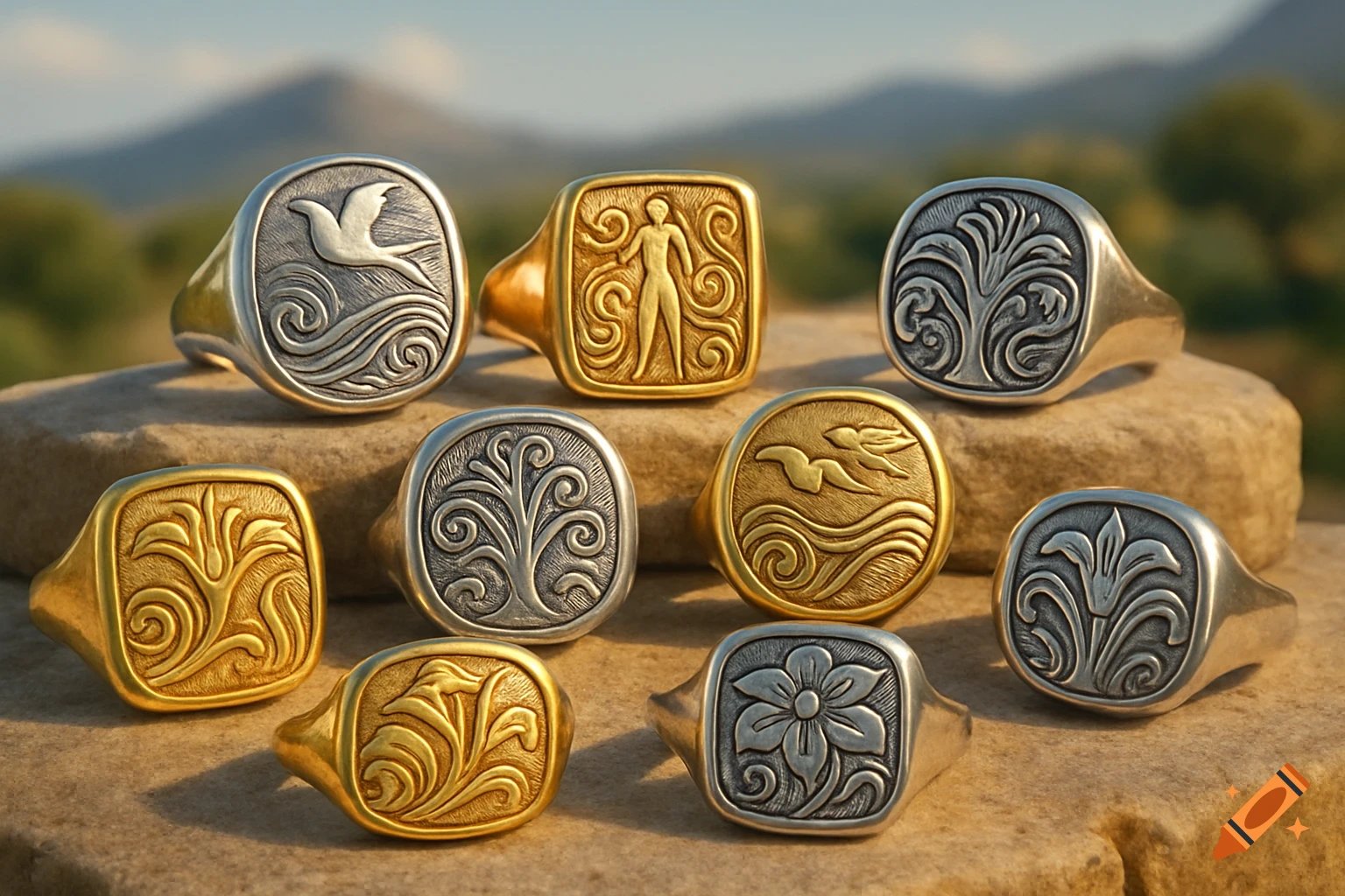 Nine gold and silver signet rings with ancient Minoan-style engravings of birds, waves, trees, flowers, and figures, on a rock.