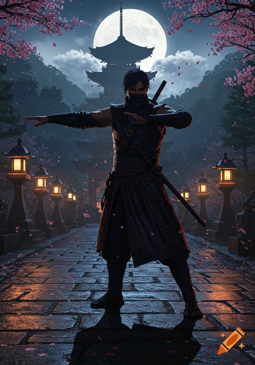 A male ninja in a T-pose under a full moon, amidst cherry blossoms and a Japanese temple at night.