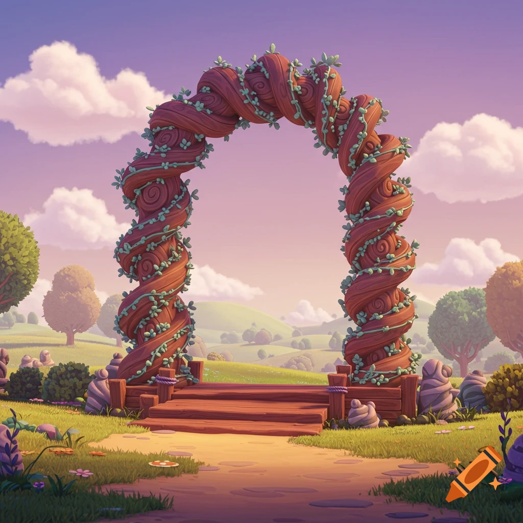 A whimsical, twisted wooden archway covered in green vines stands on a platform in a vibrant, stylized cartoon landscape under a colorful sky.