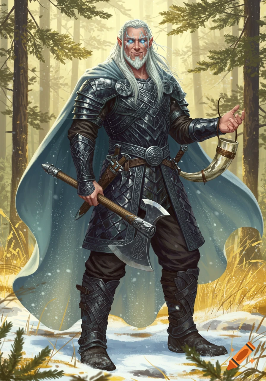 A white-haired elven warrior with blue glowing eyes in dark, intricate armor and a light blue cape stands in a snowy forest, holding an axe and a drinking horn.