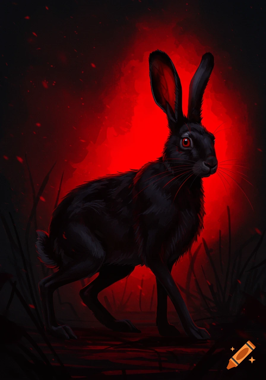 A dramatic digital painting of a black hare with red eyes, illuminated by a vibrant red light against a dark background.