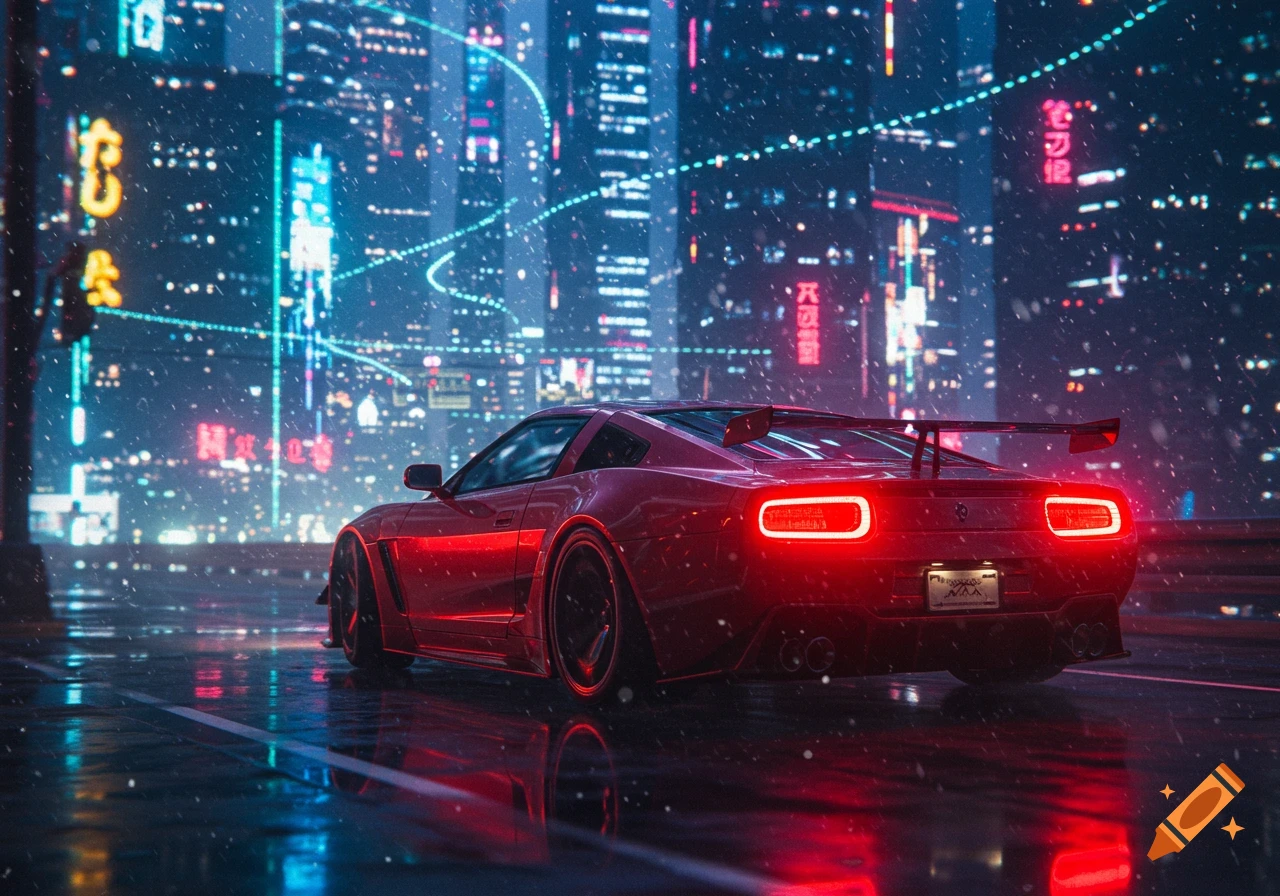 A red sports car with a large spoiler drives on a wet city street at night, surrounded by neon signs and lights reflecting on the pavement in a cyberpunk style.
