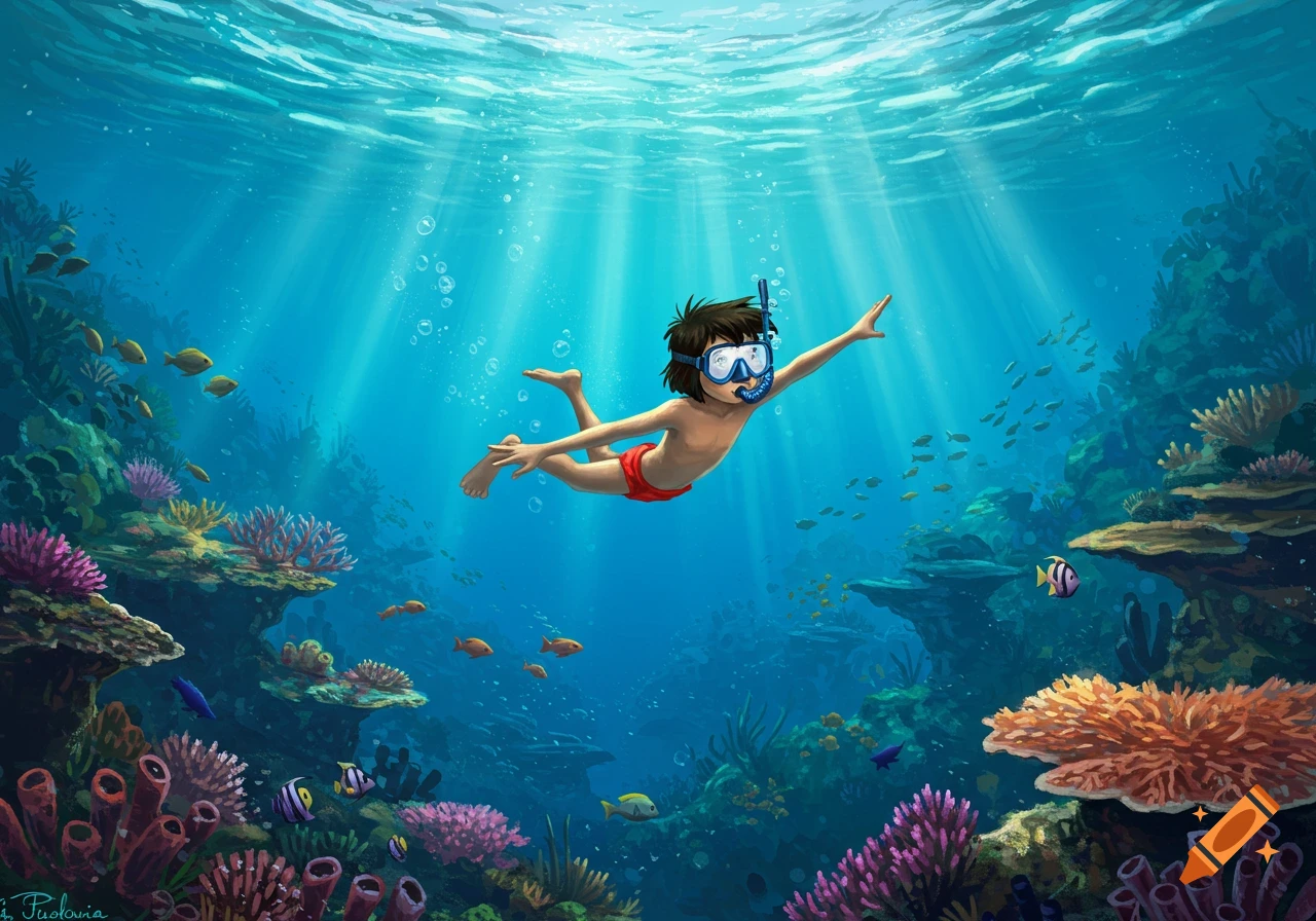 Cartoon illustration of a boy snorkeling underwater among colorful coral and fish, with sunbeams filtering through the water.