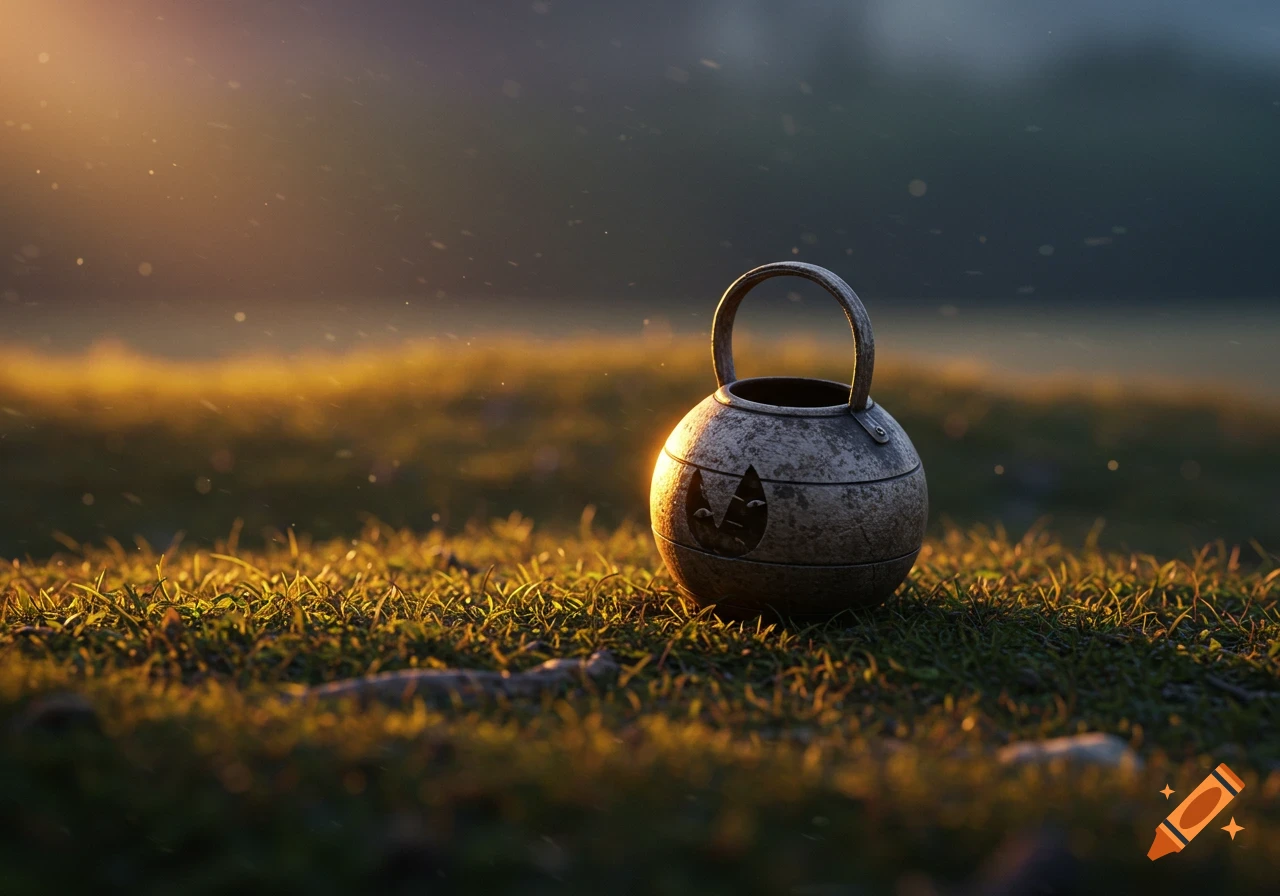 A round, textured metallic pot with a handle sits in sunlit grass, featuring a leaf-like cutout design.