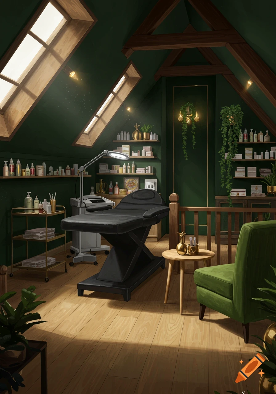 An elegant attic beauty studio with dark green walls, a black cosmetic bed, a green armchair, shelves of cosmetics, golden decor, and plants. Sunlight streams through large skylight windows onto a light wood floor.