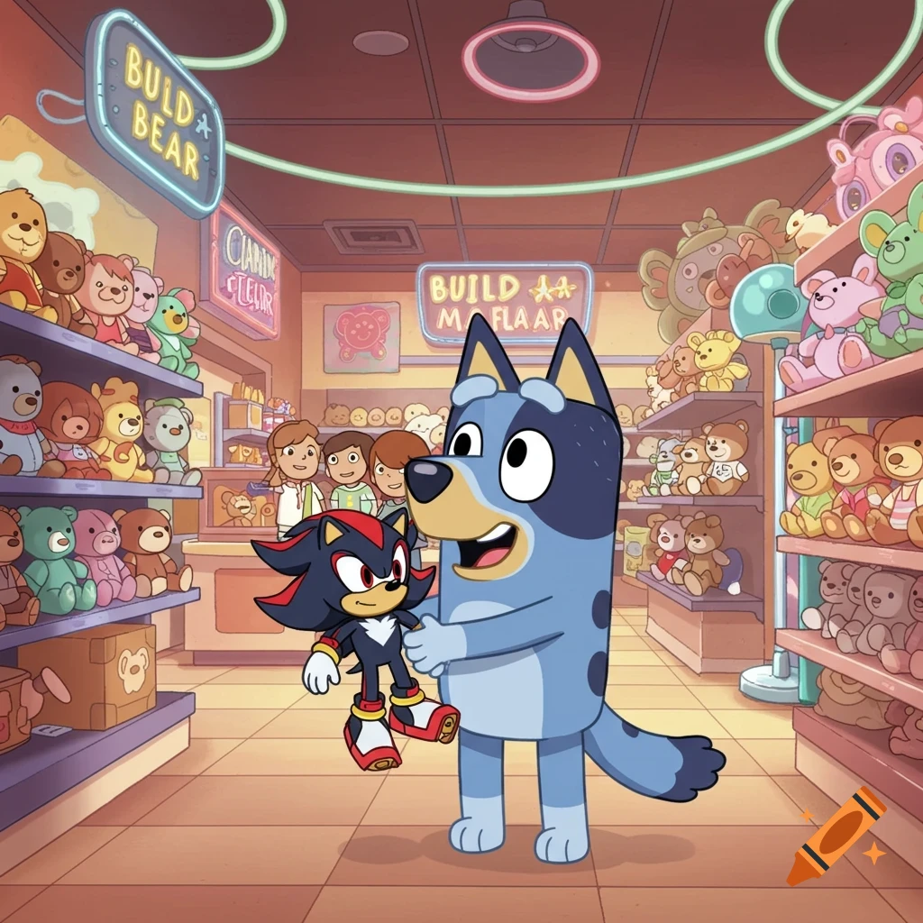 Muffin Heeler from Bluey holds a Shadow the Hedgehog plushie in a cartoon Build-A-Bear store with shelves of toys.