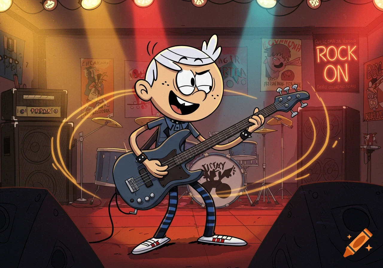 Lincoln Loud, a cartoon character, plays a bass guitar on a stage with drums and amps, under colorful lights and a 'ROCK ON' sign.