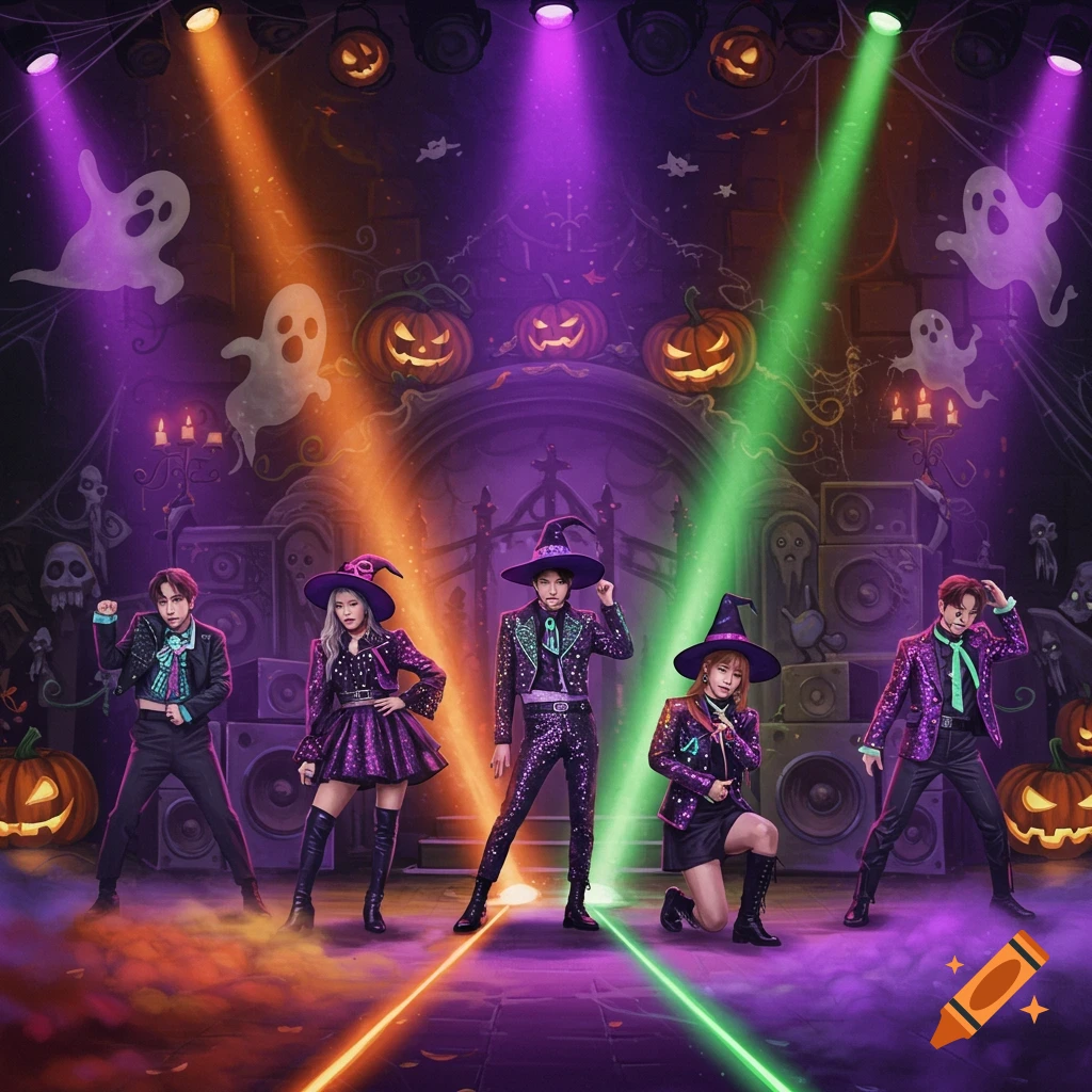 A K-pop group dressed as witches performing on a Halloween stage with pumpkins, ghosts, and colorful spotlights.