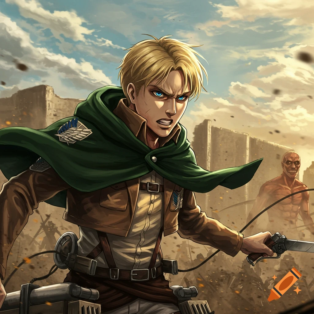 Blonde anime male character with blue eyes and green cape, holding a sword, an angry titan in the background, anime style.