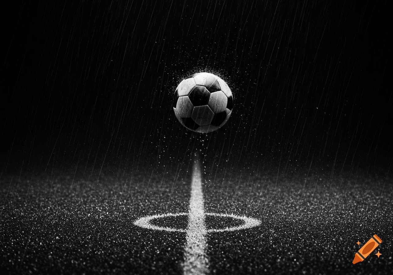 A black and white image of a soccer ball suspended over a wet pitch line in heavy rain.