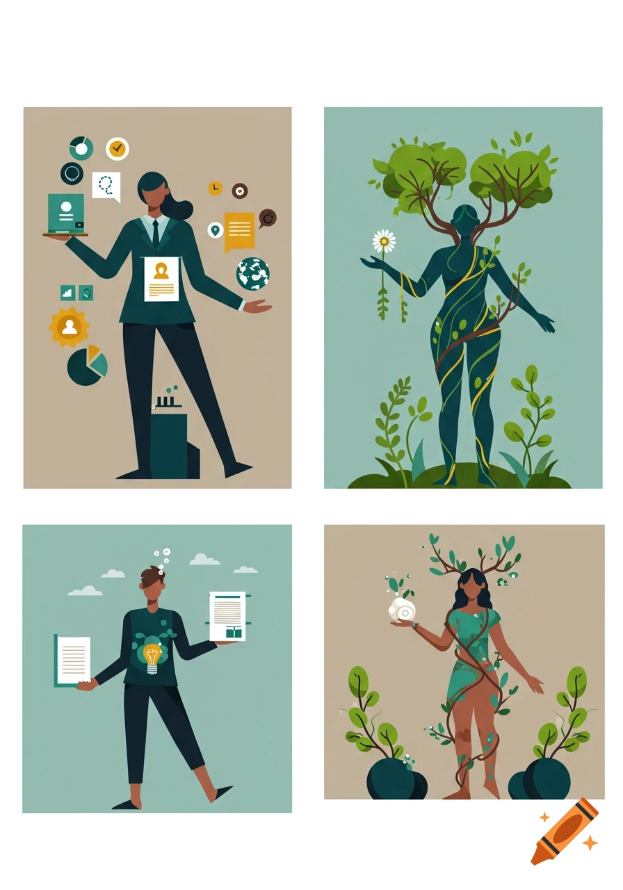 Four stylized illustrations representing concepts: a business woman, a human-tree figure, a man with a lightbulb, and an antlered nature woman.