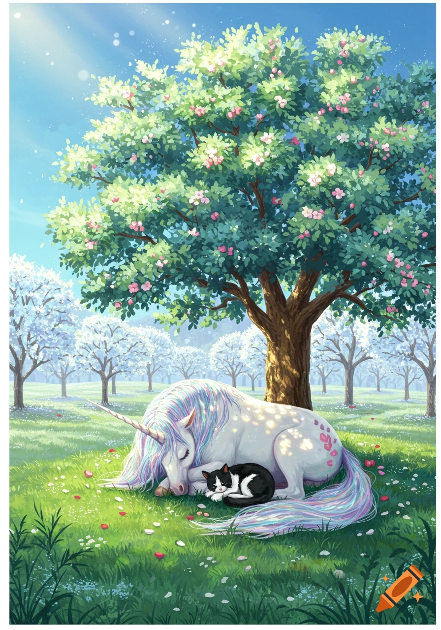 A majestic unicorn with a rainbow mane and a black and white cat sleep peacefully under a flowering tree in an orchard, with frost-covered trees in the background.