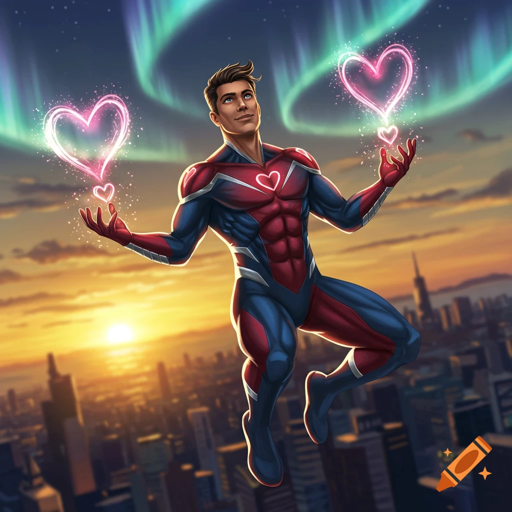 A male superhero in a red and blue suit floats above a city at sunset, conjuring glowing pink hearts from his hands, under green aurora lights. Comic art style.