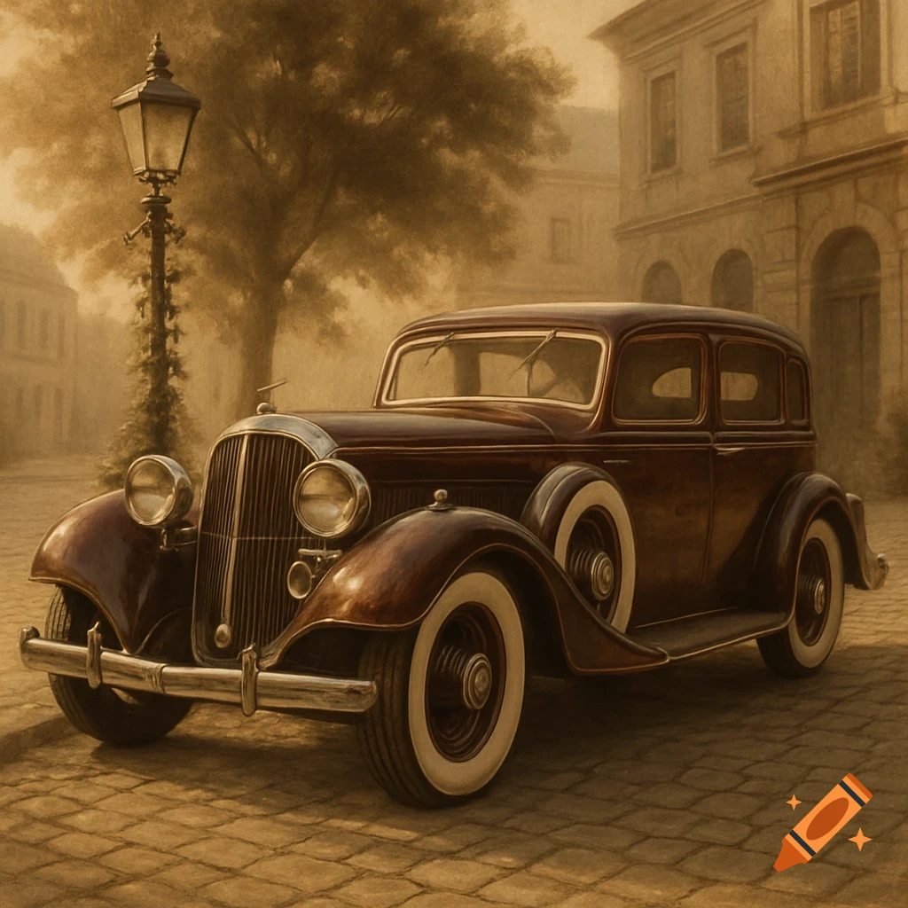 A vintage burgundy car with whitewall tires on a cobblestone street next to a lamppost, buildings, and a tree in sepia-toned art.