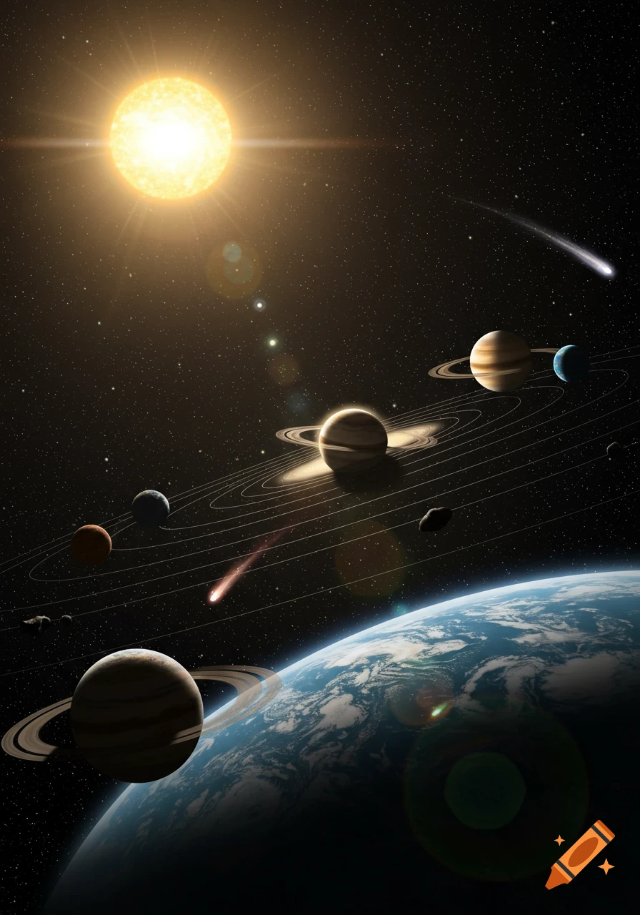 Vibrant illustration of a solar system with a bright sun, planets (some with rings), comets, and a large Earth-like planet.