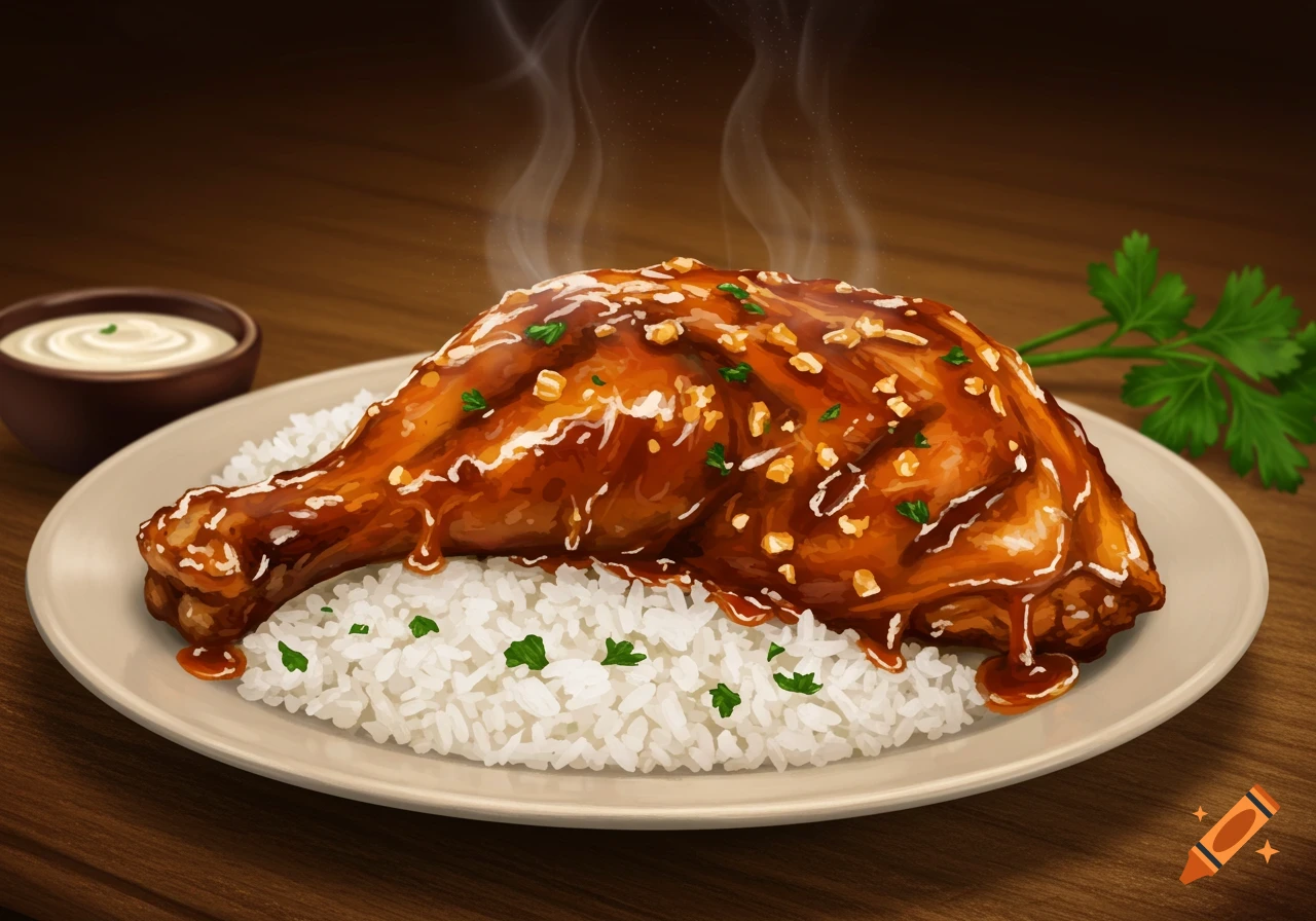 A close-up shot of a steaming barbecue chicken leg served over a bed of white rice with sauce and parsley.