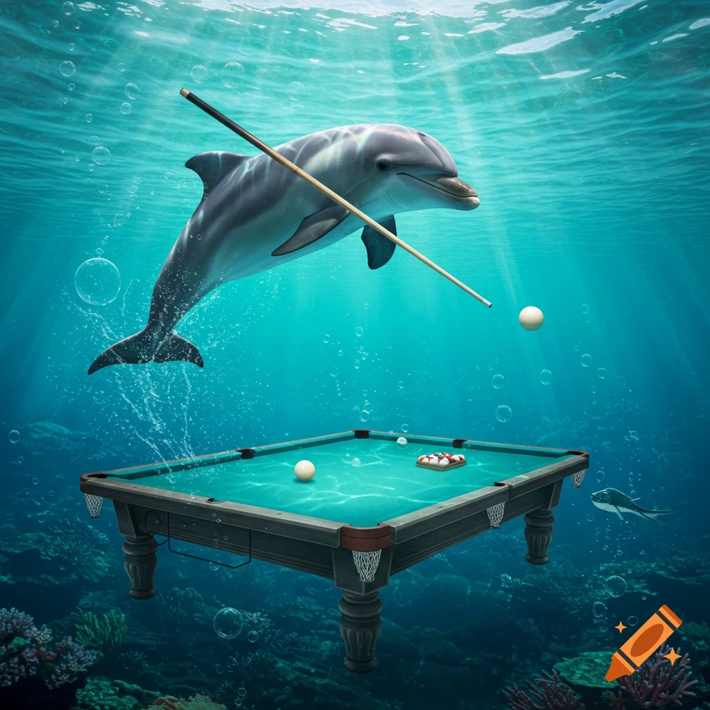 A photorealistic dolphin holds a pool cue, aiming at a cue ball floating above an ornate pool table on the coral seabed. Sun rays pierce the turquoise water.