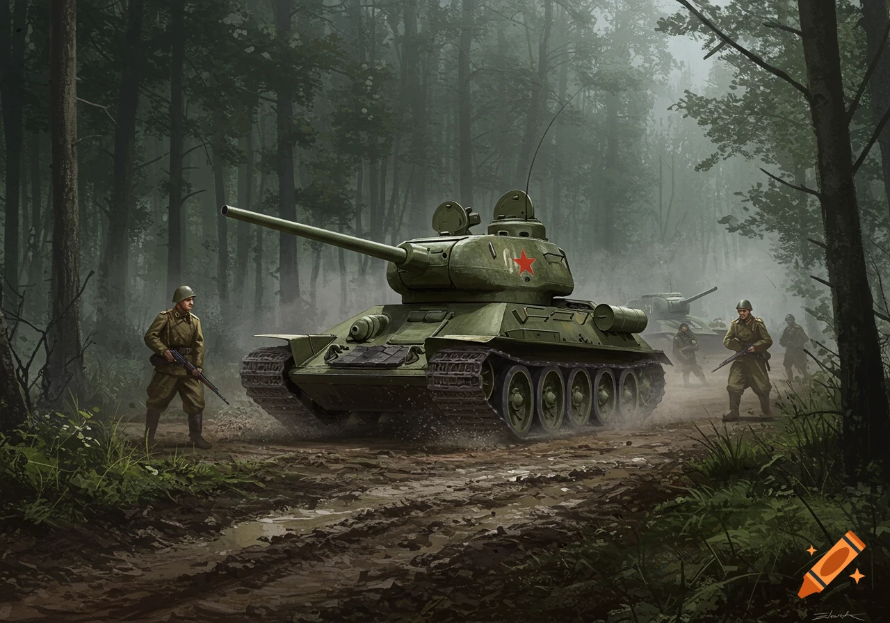 A green Russian T-34 tank moves along a muddy forest path, accompanied by soldiers in uniform under a misty sky.