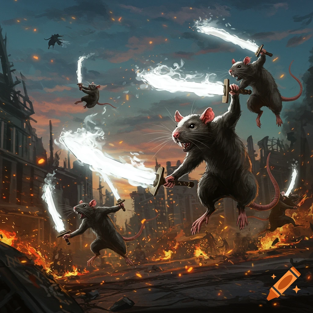 Powerful rats wielding glowing white swords fight amidst flames in a ruined city, digital art.