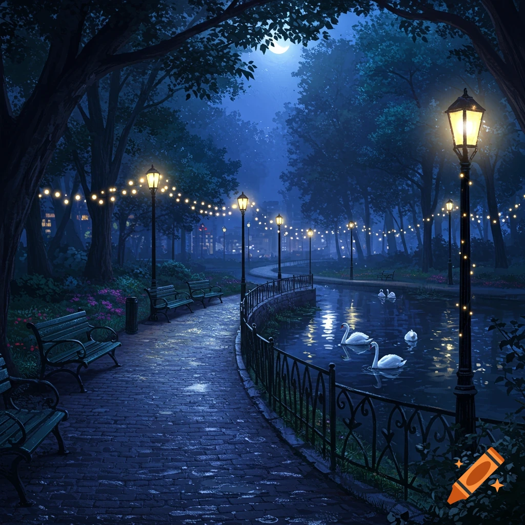 A stylized night scene of a city park with a moonlit lake, glowing streetlights, string lights, and three swans swimming on the water.