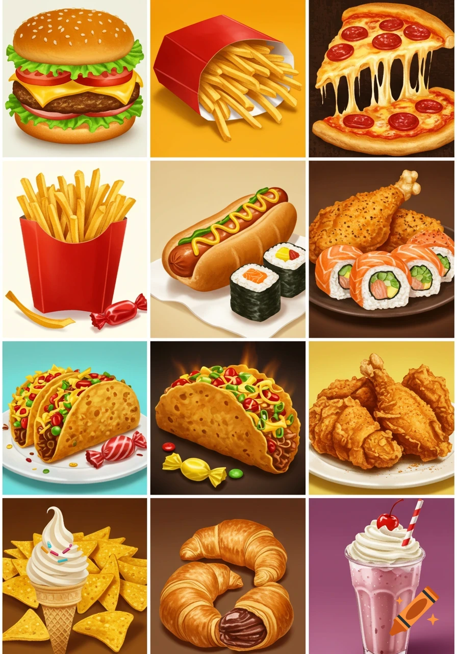 A grid of 12 vibrant, stylized illustrations featuring diverse fast food items like burgers, fries, pizza, tacos, and desserts.