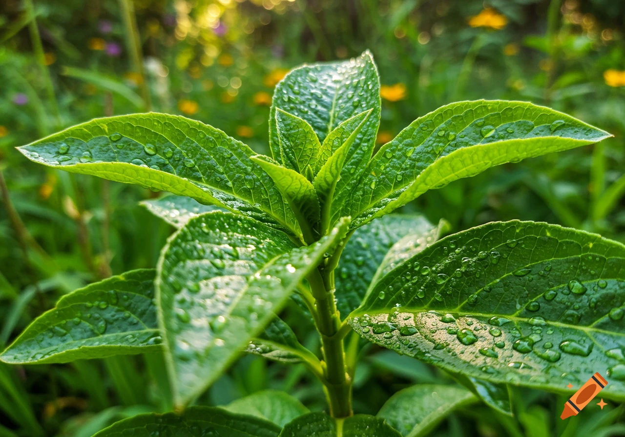 Close-up of vibrant green plant leaves covered in glistening water droplets, with a blurred natural background.