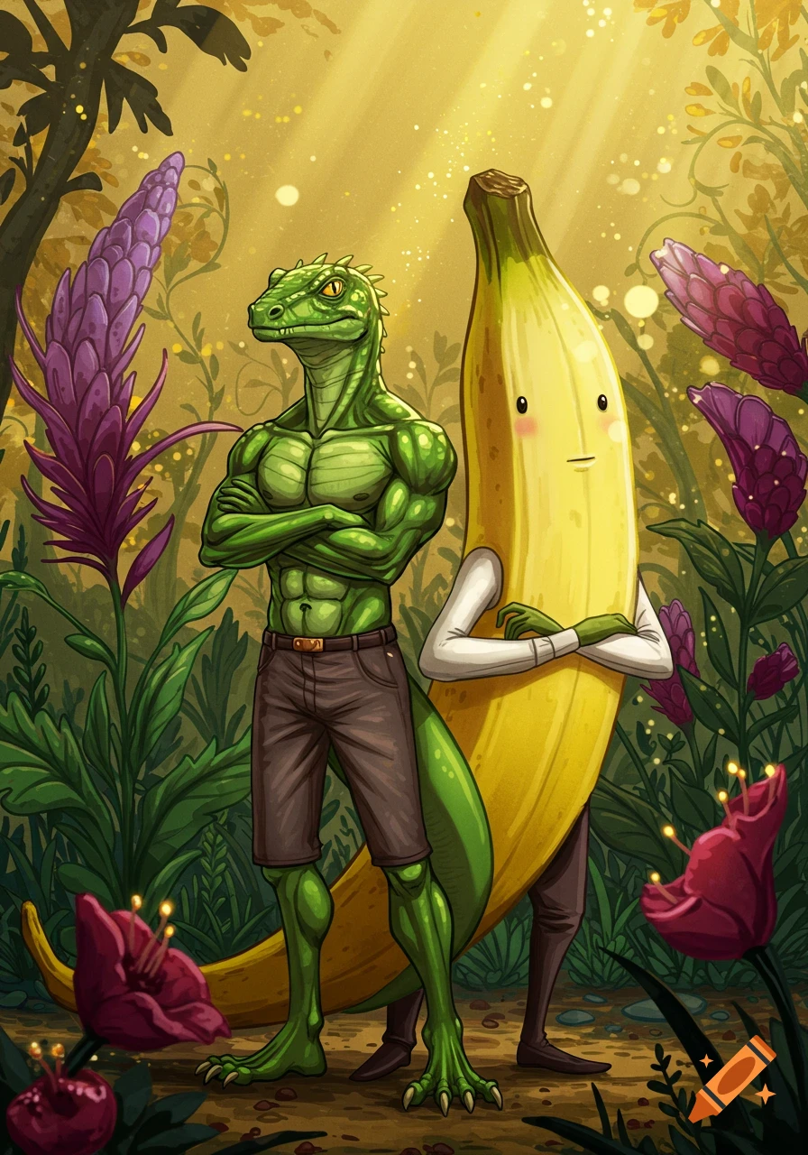 A muscular green lizardman and an anthropomorphic banana with crossed arms pose in a comic style painting within a lush, golden-lit forest.