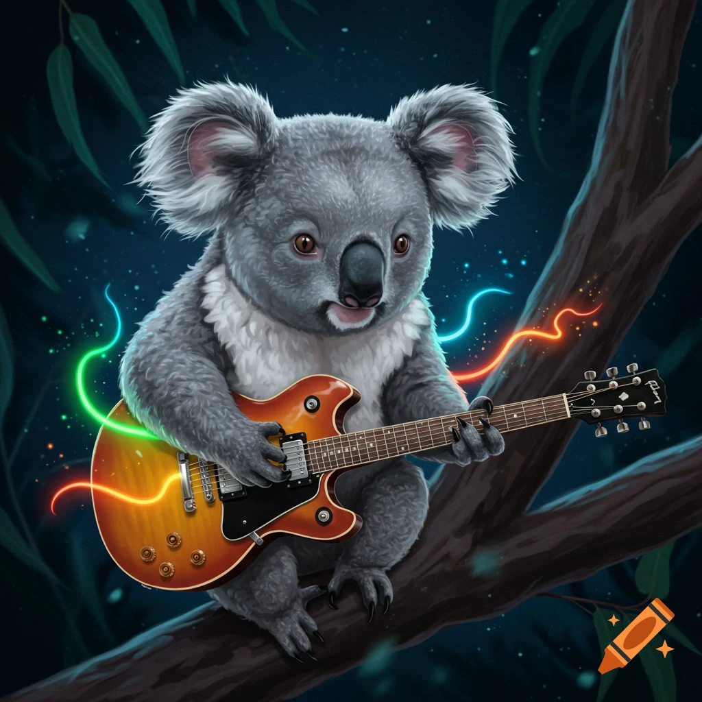 A whimsical illustration of a fluffy koala playing an electric guitar on a tree branch at night, surrounded by glowing neon musical lines.