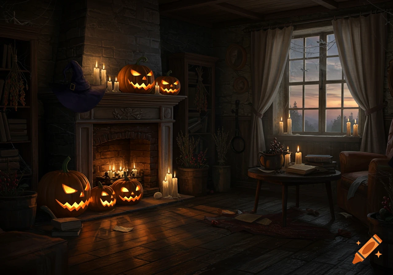 A dimly lit room decorated for Halloween with glowing jack-o'-lanterns, numerous candles, a fireplace, and a witch hat, at twilight.