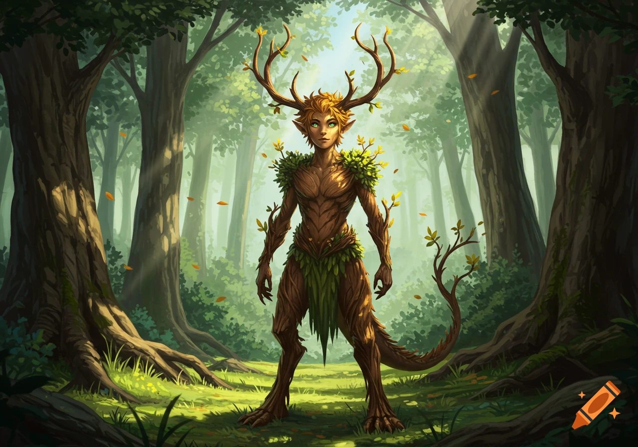 A humanoid forest creature with antlers and bark-like skin stands in a magical, sunlit forest.