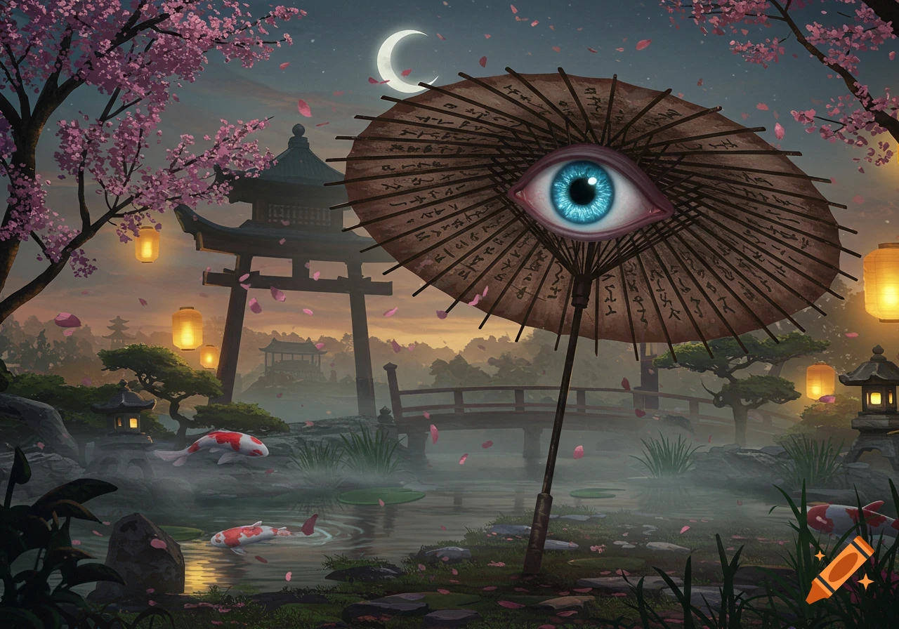 A surreal blue eye in a brown parasol overlooking a misty Japanese garden with cherry blossoms, koi fish, and traditional architecture at twilight.