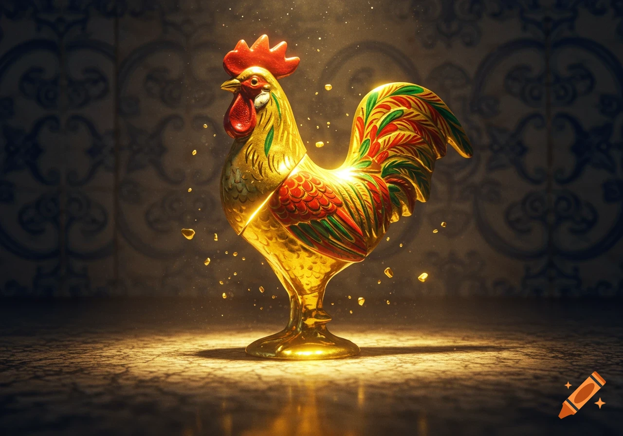 Ornate golden Rooster of Barcelos statue, decorated with red and green, revealing luminous gold beneath its partially broken surface, on a dark patterned background.