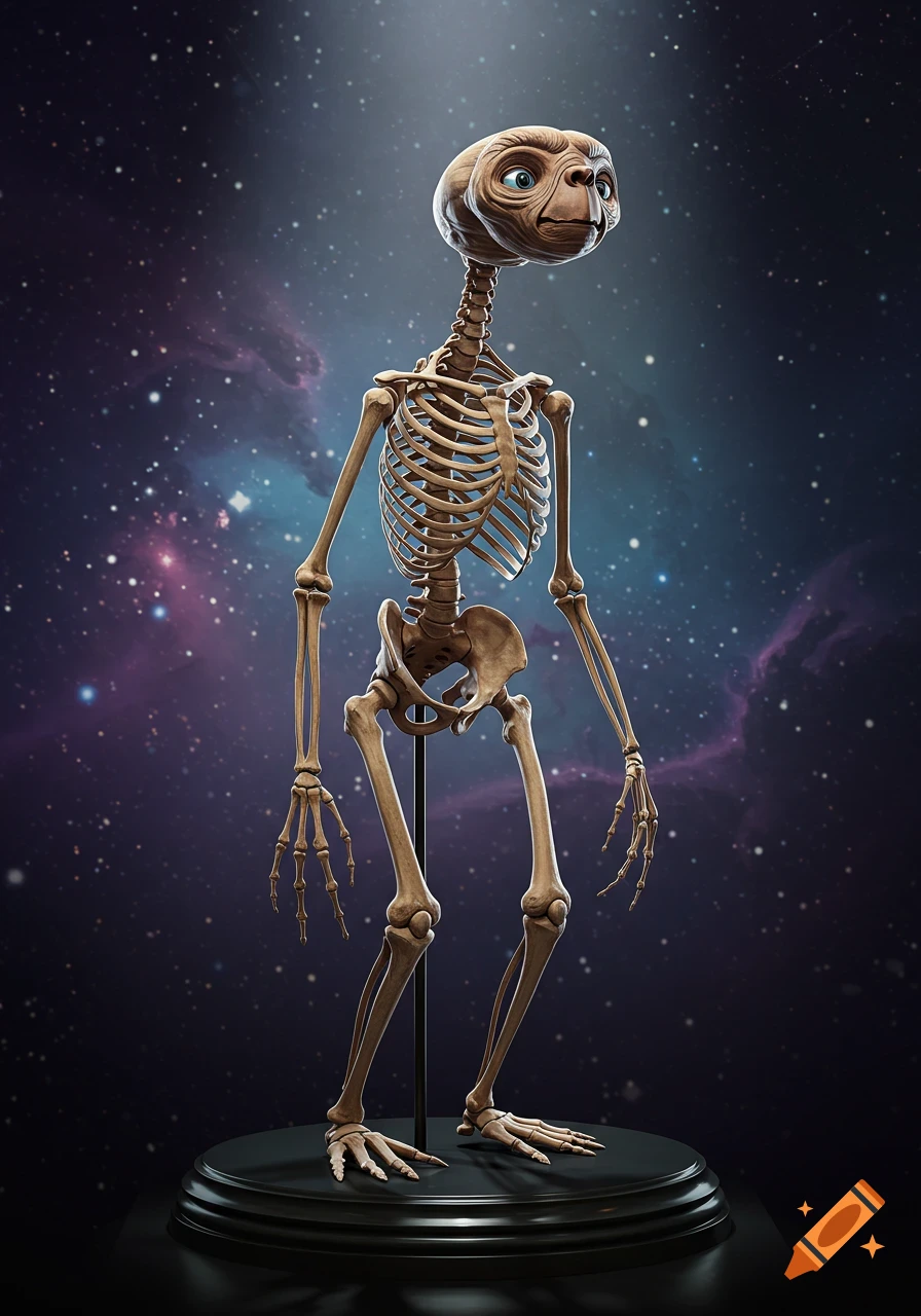 A photorealistic, detailed E.T. skeleton stands upright on a black display base against a starry cosmic background.
