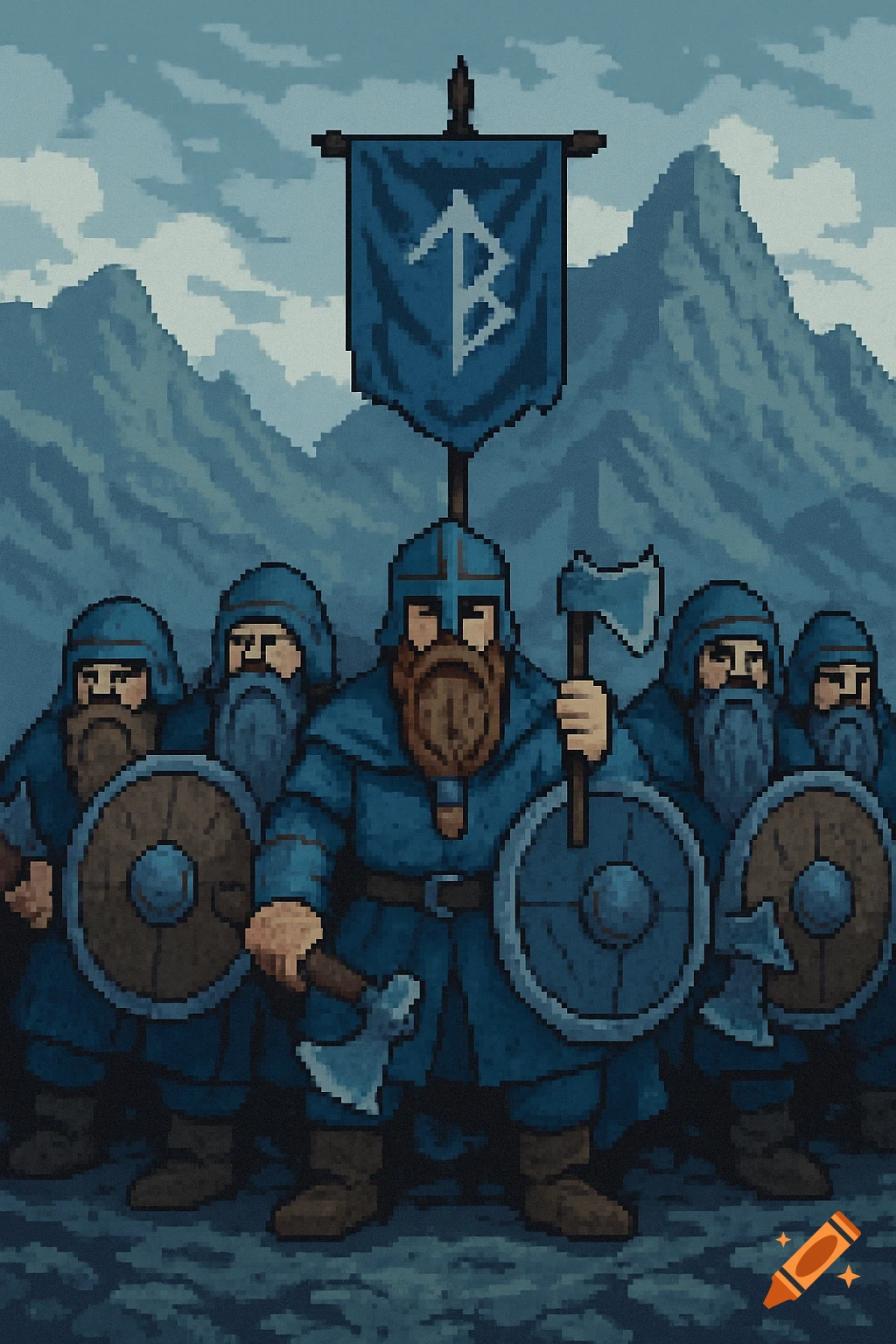 A pixel art battle line of dwarf warriors in blue, holding shields and axes, with one carrying a banner with a rune, against a mountainous background.