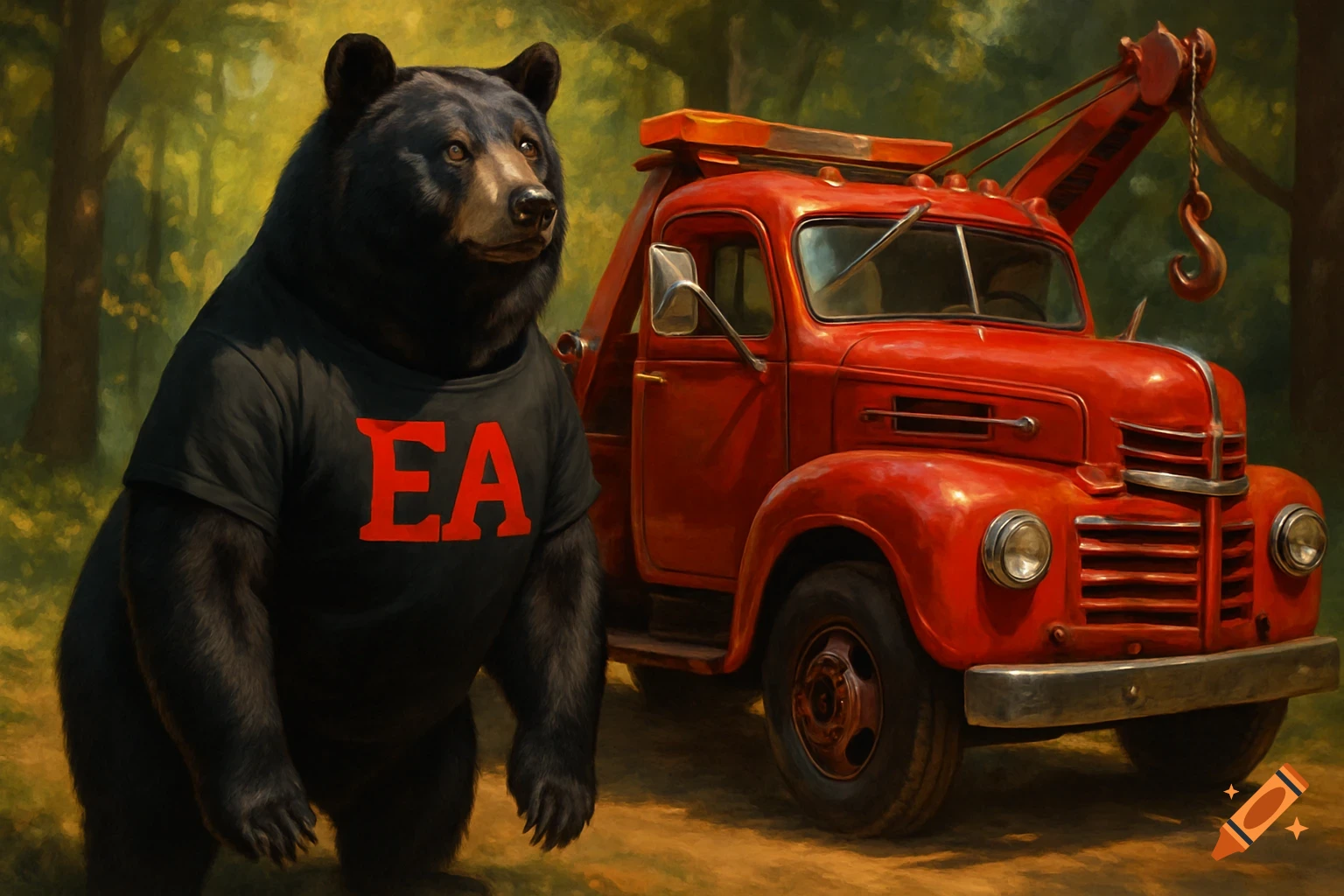 A black bear wearing a black t-shirt with red 'EA' text stands next to a red tow truck in a forest, in a painterly style.
