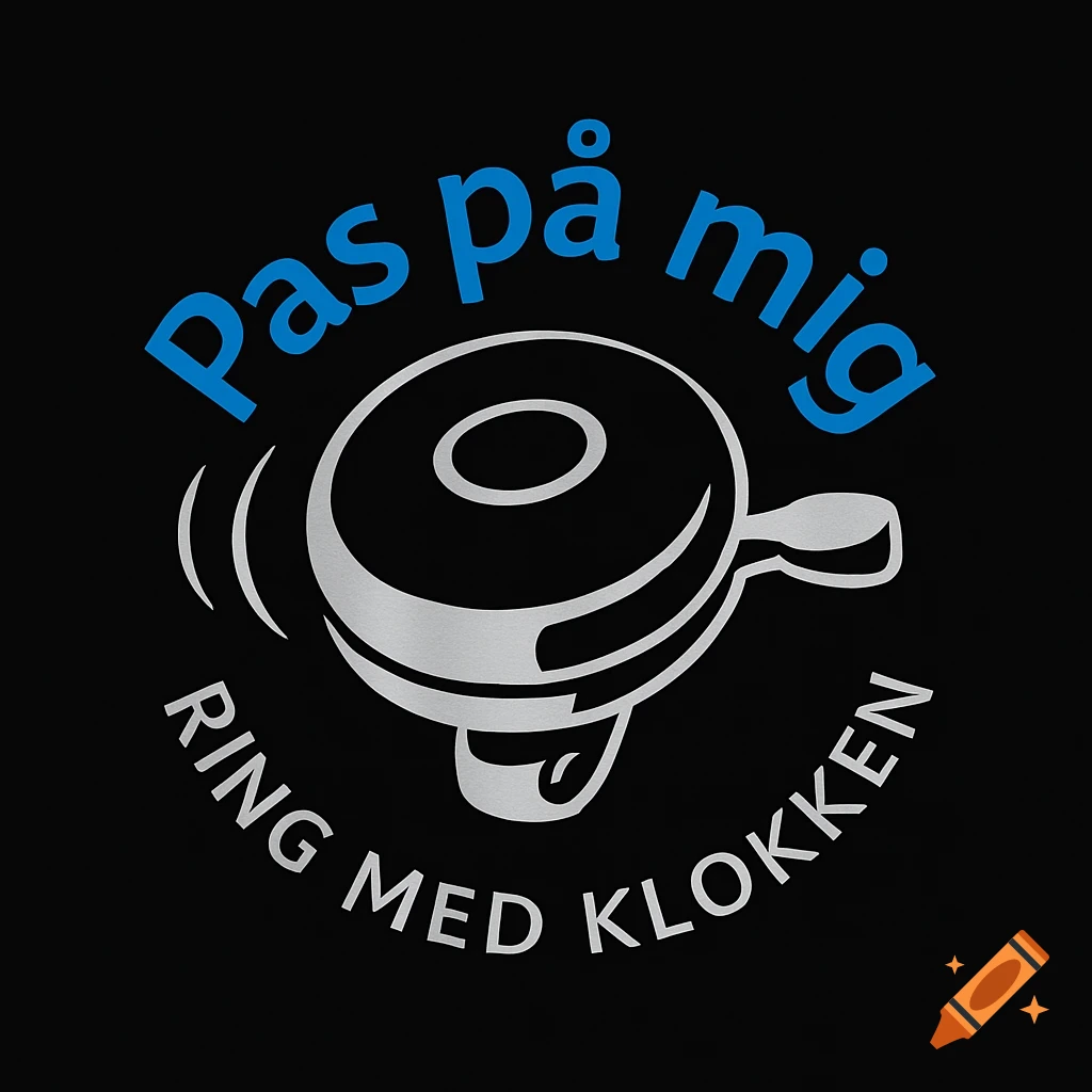 A blue and silver logo of a bicycle bell on a black background with the text 'Pas på mig' and 'RING MED KLOKKEN'.