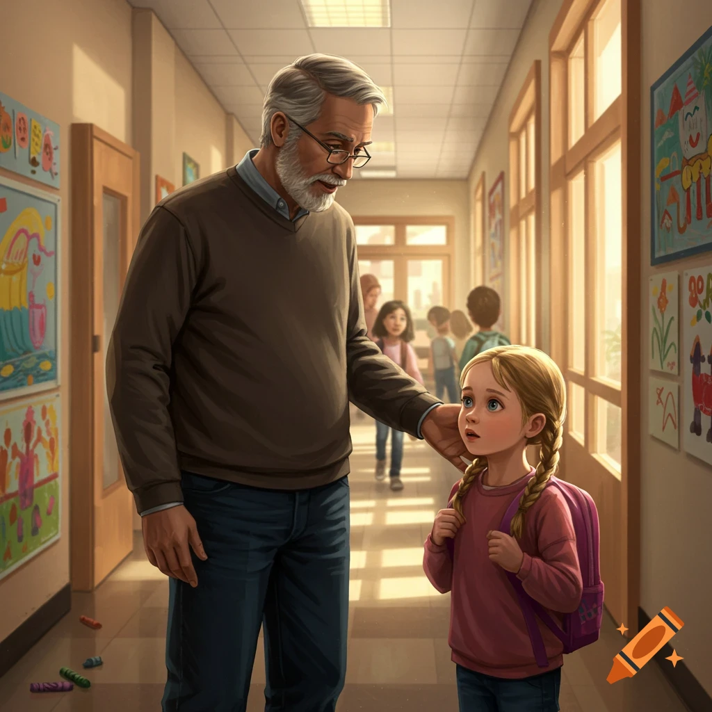 An older man gently touches the shoulder of a young girl with pigtails and a backpack in a school hallway, with children's drawings on the walls.