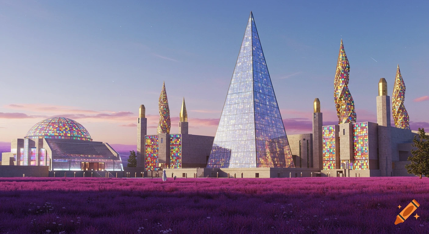 Futuristic architecture with a glass pyramid, domed building, and twisted spires in a vibrant purple field at twilight.